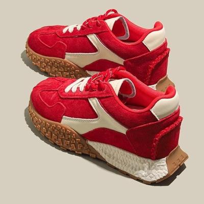 Нишевые малиново-розовые женские весенне-осенние маленькие мужские модные кроссовки на толстой подошве на шнурках