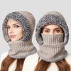 3 In 1 Knit Hat Solid Color Plush Trim Velvet Lining Winter Hat Scarf Face Guard Set Windproof Fleece Lined Headwear
