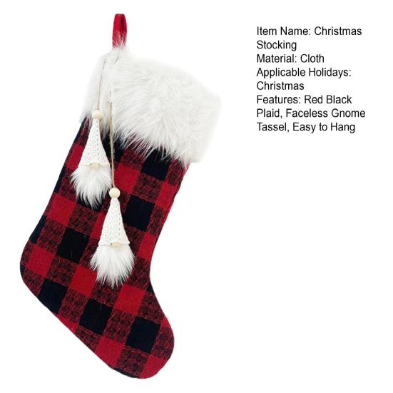 1шт Рождественский чулок Красный Черный Клетчатый Безликий Гном Кисточкой Белый Плюшевый Топ Многоразовый Рождественская Елка Подвесной Носок Подарочный Мешок Подвеска Праздничное Украшение