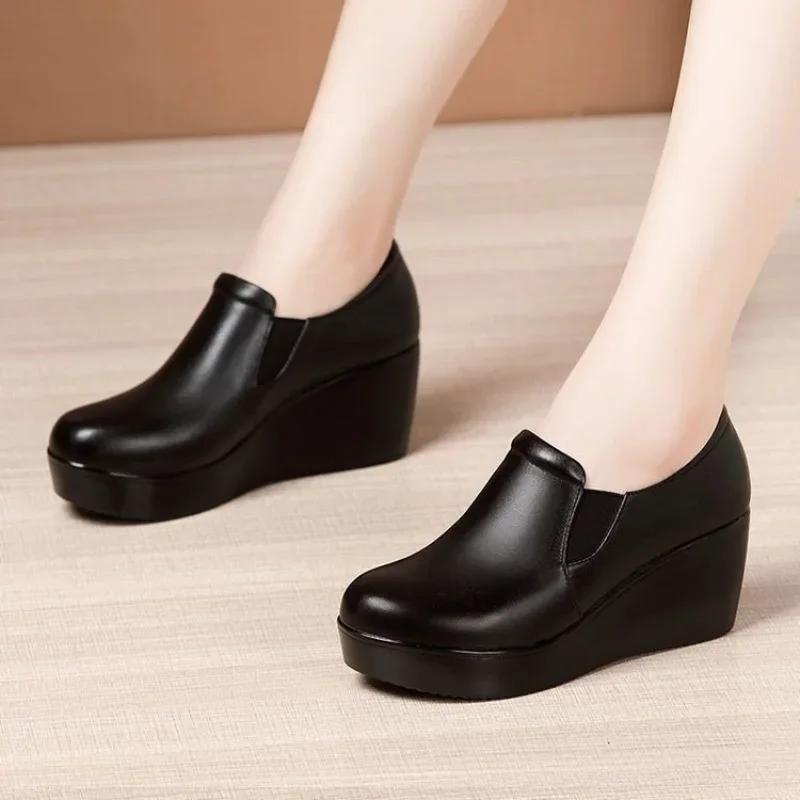 Fashion 6cm Small Size 32-43 Comfortable Med Heels Platform Wedges Shoes Spring Deep Mouth Soft Leather Loafers Slip On Mom Shoes
