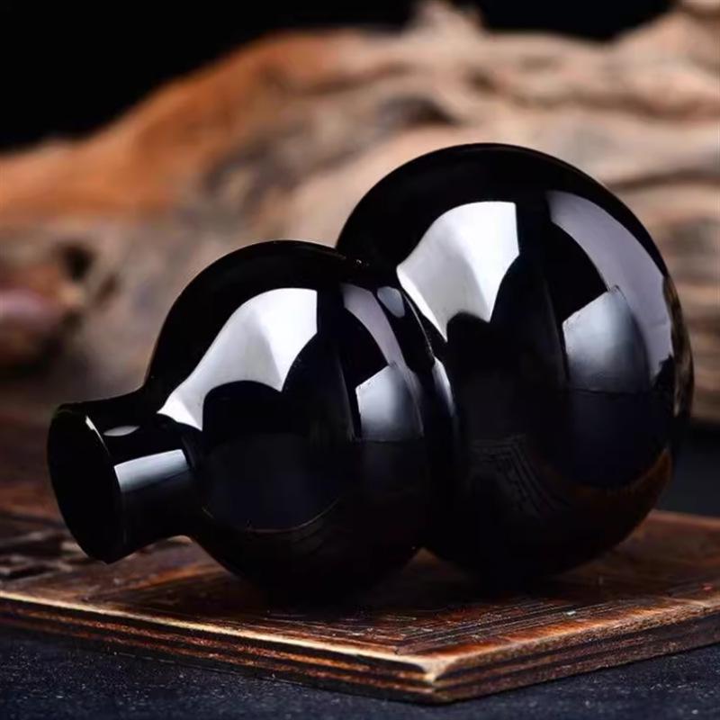 Pure Black Obsidian Gourd Ornament – Ruyi Gift for Home, Office, or Entryway Decor