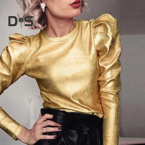 Spring Autumn Women Tops Round Neck Long Sleeve Pullover Tops Punk Style Solid Pink/Golden/Silver Color Loose Casual T-shirt Ladies Fashion Casual