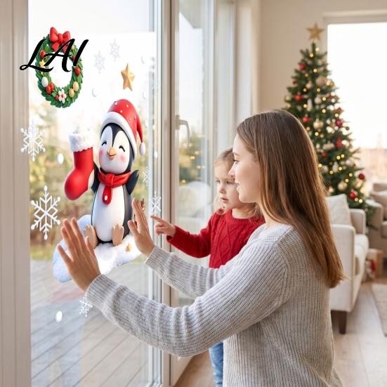 Waterproof PVC Glass Stickers Cartoon 3D Static Window Sticker Snowflake Gingerbread Man Santa Claus Wall Christmas Decals for Reusable Holiday Decor