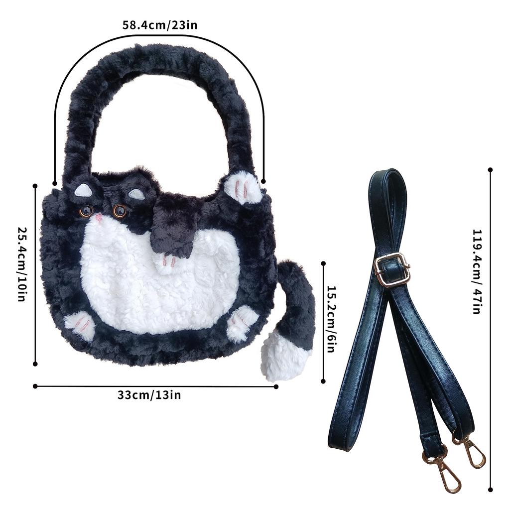 [HUIJUFU] Women's Realistic Fluffy Plush Cat Crossbody Bag (Black & White, Large)