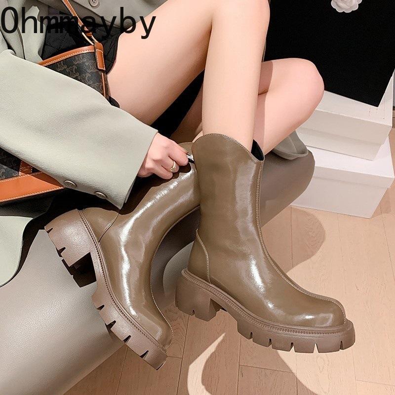 Fashion Women Ankle Boots Fashion Patent Leather Back Zippers Shoes Autumn Winter Thick Heel Ladies Knight Short Booties