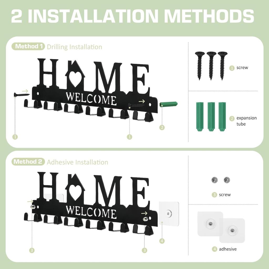 Настенный держатель для ключей, Металлический крючок для ключей на клейкой основе с 6 двойными крючками, 2 способа крепления, Черный