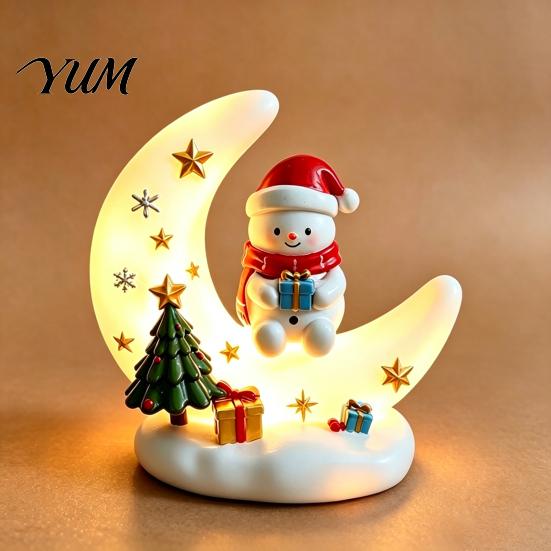 Snowman Table Centerpieces Christmas Moon Night Light with Santa Claus, Resin Decoration Warm LED Ornaments Glow, Holiday Tabletop Ornament