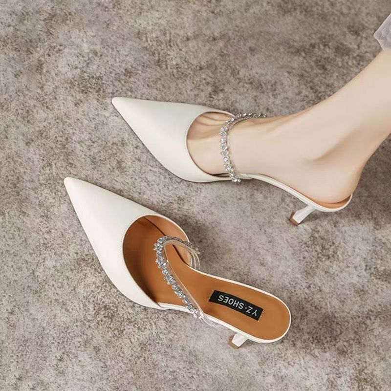 French High-end Rhinestone Bag Head Half Slippers Women's Summer 2025 New Outer Wear One-word with Pointed High Heels