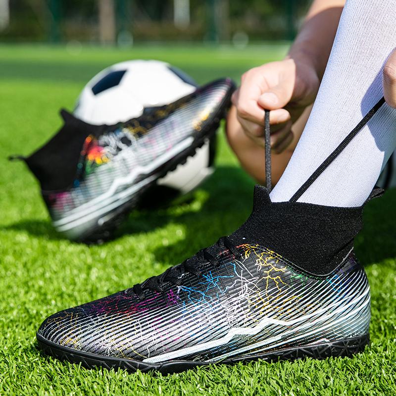 Мужские/женские высокие футбольные бутсы, высокие эластичные носки, искусственный газон, короткие гвозди, футбольные тренировочные кроссовки для маленьких детей