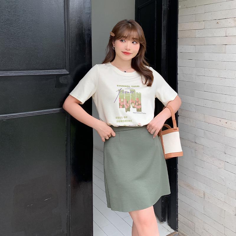 Plus Size Tulip Print Short Sleeve Loose Round Neck T-shirt for Women