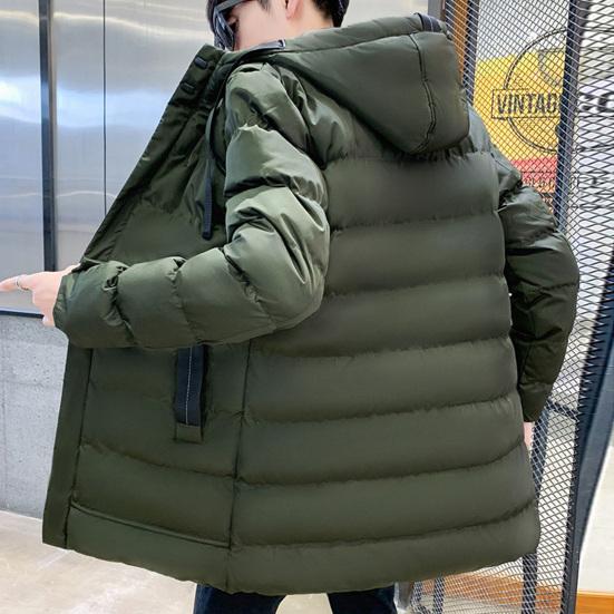 Men Cotton Coat Hooded Long Sleeve Full Zipper Closure Solid Color Jacket with Pockets Mid-length Thickened Quilted Outwear