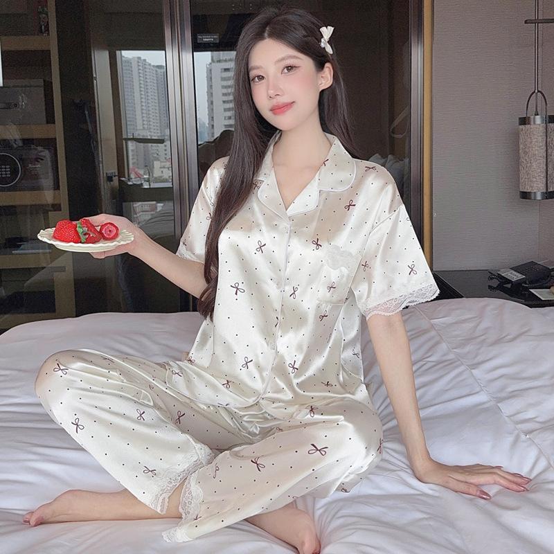 Ice Silk Pajamas Female Cute Wind Bear Summer High-End Cartoon Short-Sleeved Trousers Loungewear