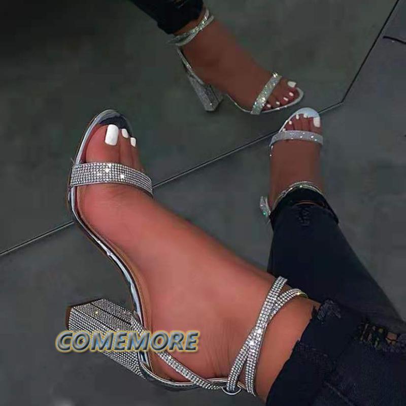 Модные блестящие золотые стразы на толстом каблуке сандалии женские сексуальные с перекрестным ремешком на щиколотке серебристые туфли на высоком каблуке летние туфли для вечеринок женские туфли-лодочки