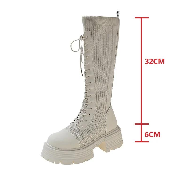 Весна Осень Туфли-лодочки на толстой платформе Длинные сапоги Женские Сапоги до колена с толстой подошвой Эластичные трикотажные женские Botas De Mujer