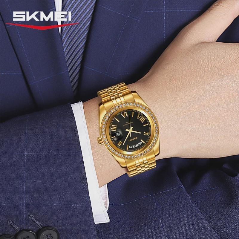 Waterproof Mens Day Date Watch Diamond Bezel Analog Quartz Watch Steel Strap Luxury Dress Wrist Watch for Men