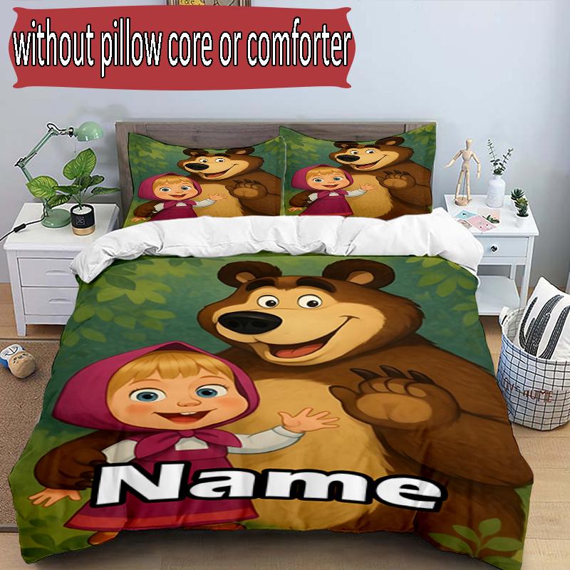 3pcs Duvet Cover Set (1*Duvet Cover + 2*Pillowcase, Without Core), Custom Name Masha and The Bear Pattern Bedding Set, Home Bedroom Decor Gift
