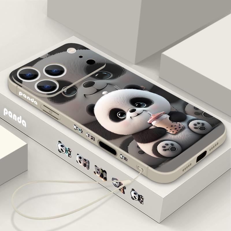 Чехол для iPhone 17 Pro Max с Пандой, пьющей молочный чай, с мягким силиконовым ремешком-шнурком, Чехол для iPhone 16 Pro Max, Чехол iPhone 15 14 13 12 11 16E Air