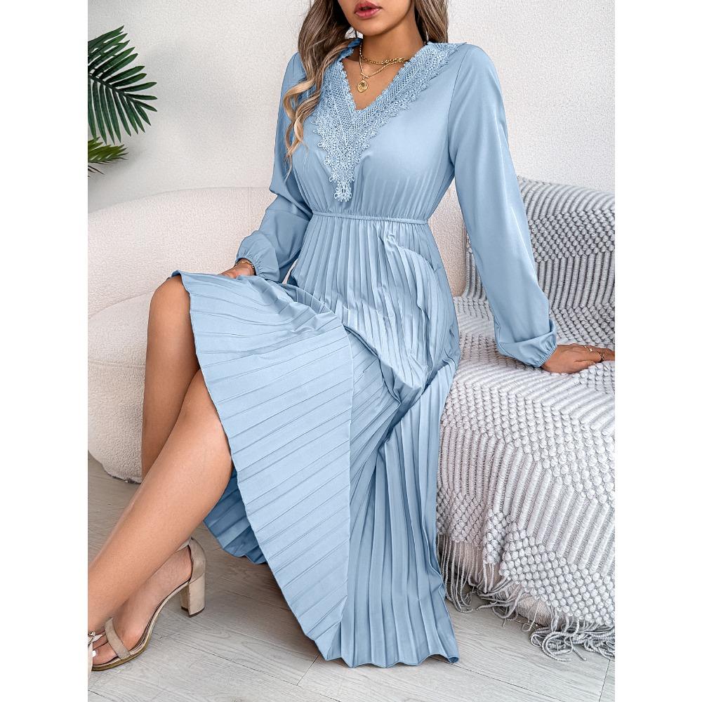 Spring and Summer Elegant Temperament V-neck Lace Waisted Pleated Long Women's Dresses Long Skirts