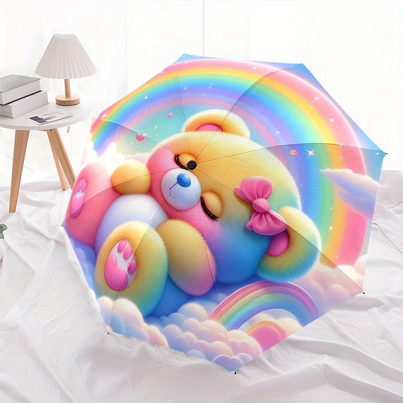Teddy Bear,Rainbow Automatic Folding Umbrella 8 Ribs Lightweight Design, Durable Iron Frame, Compact and Portable, Ideal Birthday or Christ