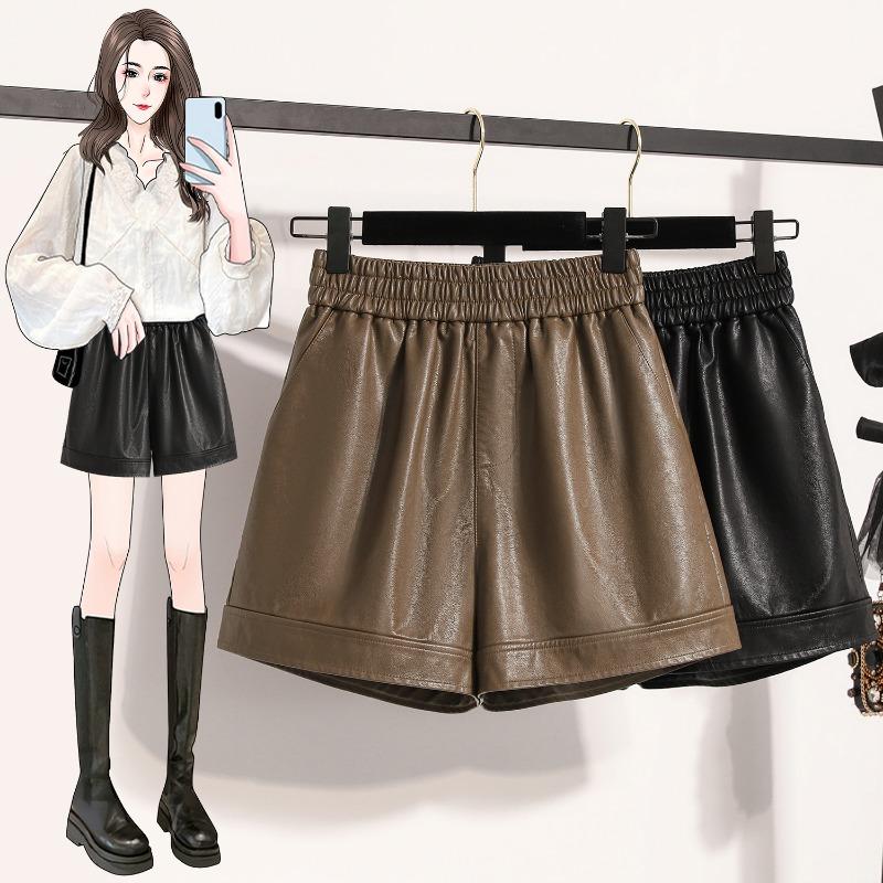 DIMANAF 2024 Plus Size Autumn Winter Shorts Women Solid New PU Leather Casual Loose Wide Leg Pants Short Pants