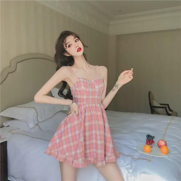 Sweet Pink Plaid Suspender Dress - Fresh Korean Style for Summer