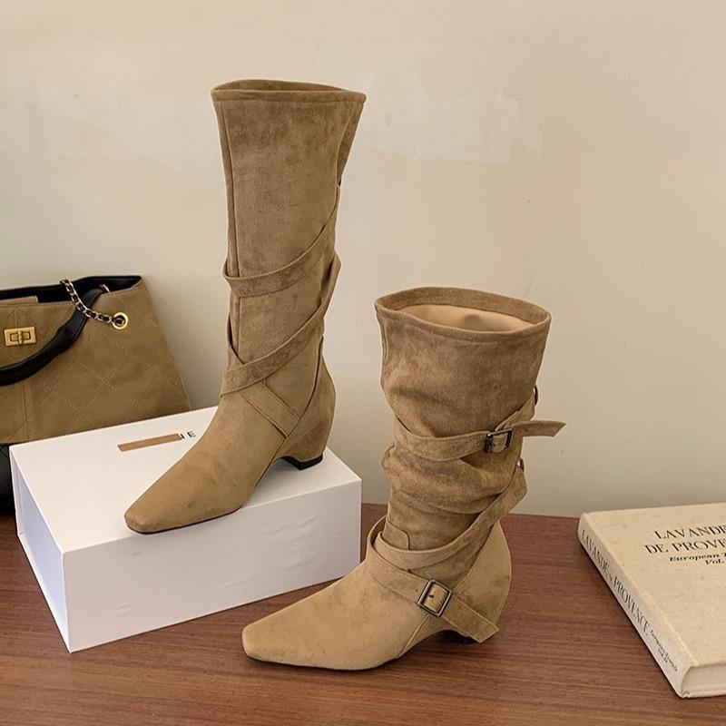 Autumn and Winter Slope Heel Suede Cross with Square Head Suede Medium Boots Metal Buckle Stacking Boots