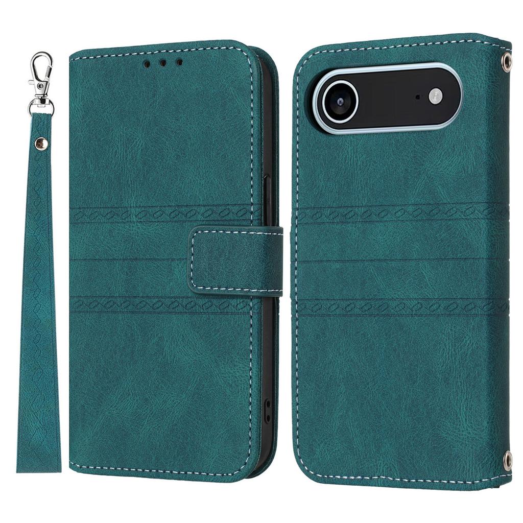 For iPhone 17 Air Case Wallet Skin-Touch Leather Imprinted Phone Cover with Wrist Strap