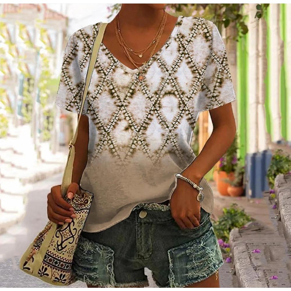 Женская футболка в стиле пэчворк в винтажном стиле, топы с клетчатым принтом, женская одежда, V-образный вырез, Harajuku, летний свитер, футболки большого размера с коротким рукавом
