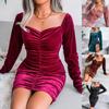 Autumn Off Shoulder Women Velour Dress Bodycon Solid Fashion Velvet Sheath Dresses Winter Long Sleeve Ruched Mini Dress 2024 New
