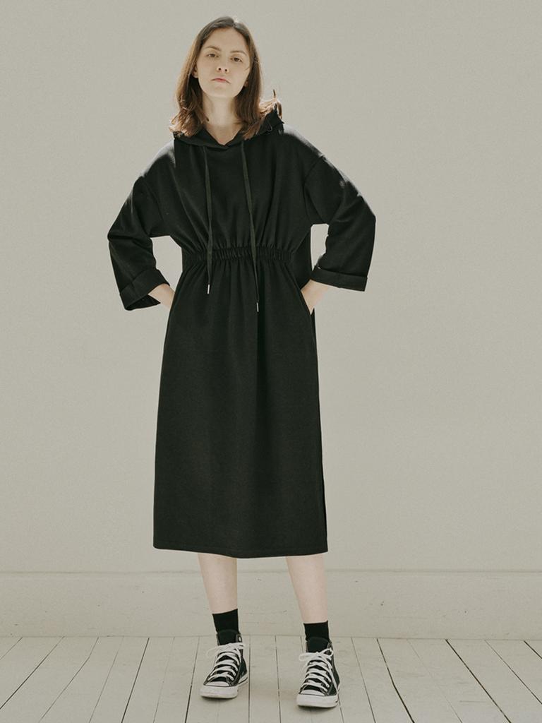 Avang Waistband Hood Long Dress - Black