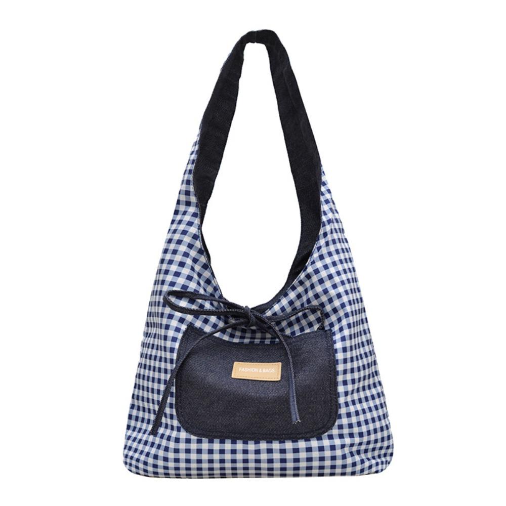 Cloth Denim Shoulder Bag Japanese Style Canvas Tote Bag Double Sided Plaid Denim Vest Bag  Travel