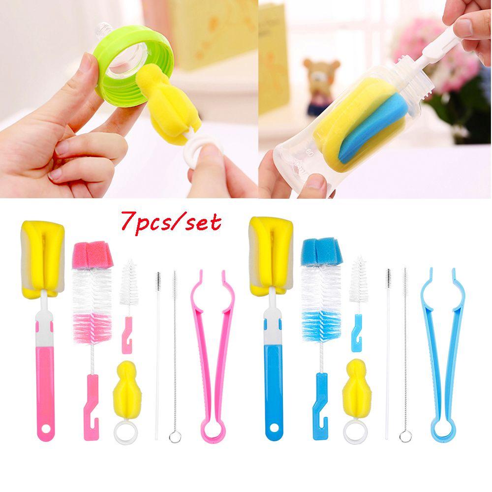 7pcs Head Washing Spout Cup Baby Nipple Clean Sponge Rotating Bottle Brush