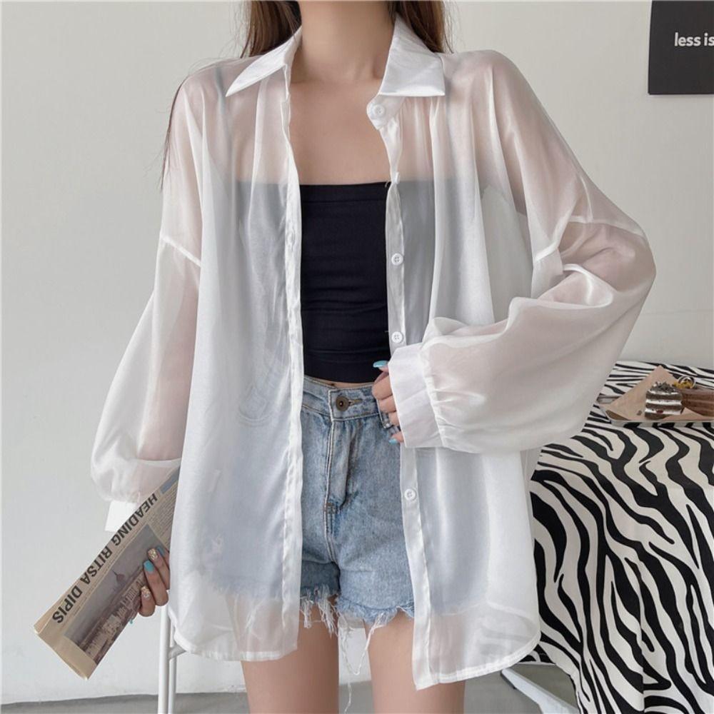 Chiffon Women Shirt Blouse Solid Color Female Loose Cardigan Casual Long Sleeve Top