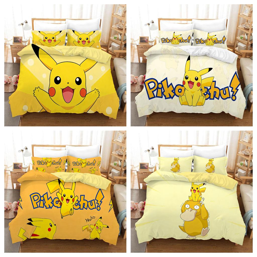 Pikachuzd Bedding Set Cartoon Anime Children Bedroom Quilt Cover Boy Girl Bedclothes Single Double King Pikachu Duvet Cover Gift