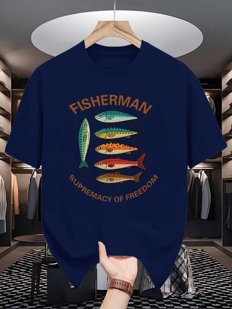 FisherUnisex Freedom Print Unisexs Crew Neck T Shirt Colorful Fish Hook Angling Graphic Short Sleeve Casual Cotton Daily Tops