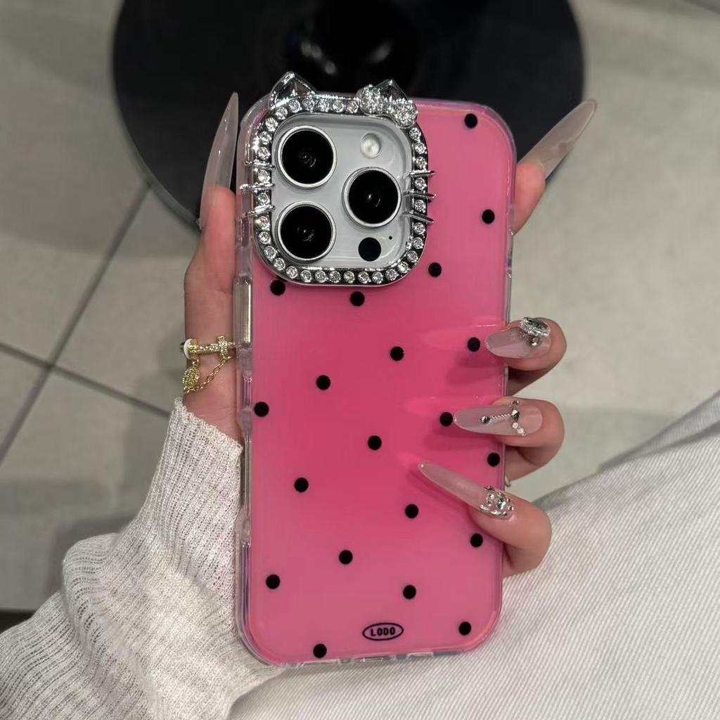 INS Style Full-Screen Polka Dot Cat Lens Case for iPhone 17/16 Pro Max - Simple Design for iPhone 15/13