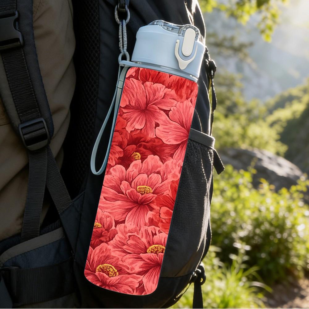 1PC Deep Red Peony Flower Bouquet Print 750ml Color Plastic Sports Water Bottle Leakproof Flip Straw Lid Suitable for Sports Office Home Use