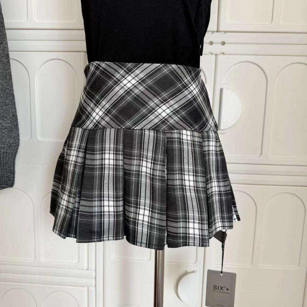 Французский Ретро Элегантный Y2k Комплект из 3 предметов Женский Винтажный Однотонный Свитер с Длинным Рукавом + Кружевной Повседневный Жилет + Клетчатая Шикарная Юбка Осень 2024