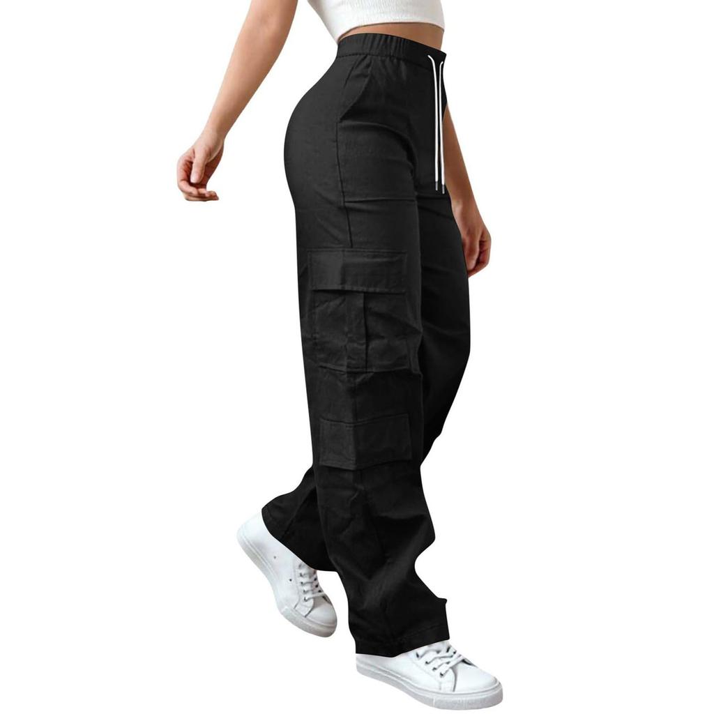 Womens Elastic High Waisted Cargo Pants Stretch Casual Wide Leg Streetwear Parachute Hiking Pants With Pockets