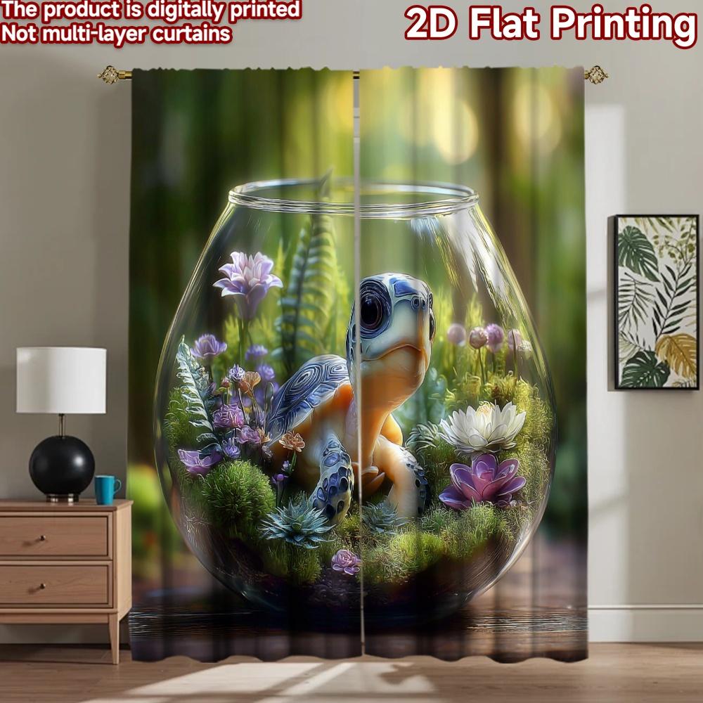 2D flat printing 2pcs Curtains Cute Turtle Terrarium Garden Digital Printed Polyester Drapes All Season Party & Holiday Decor