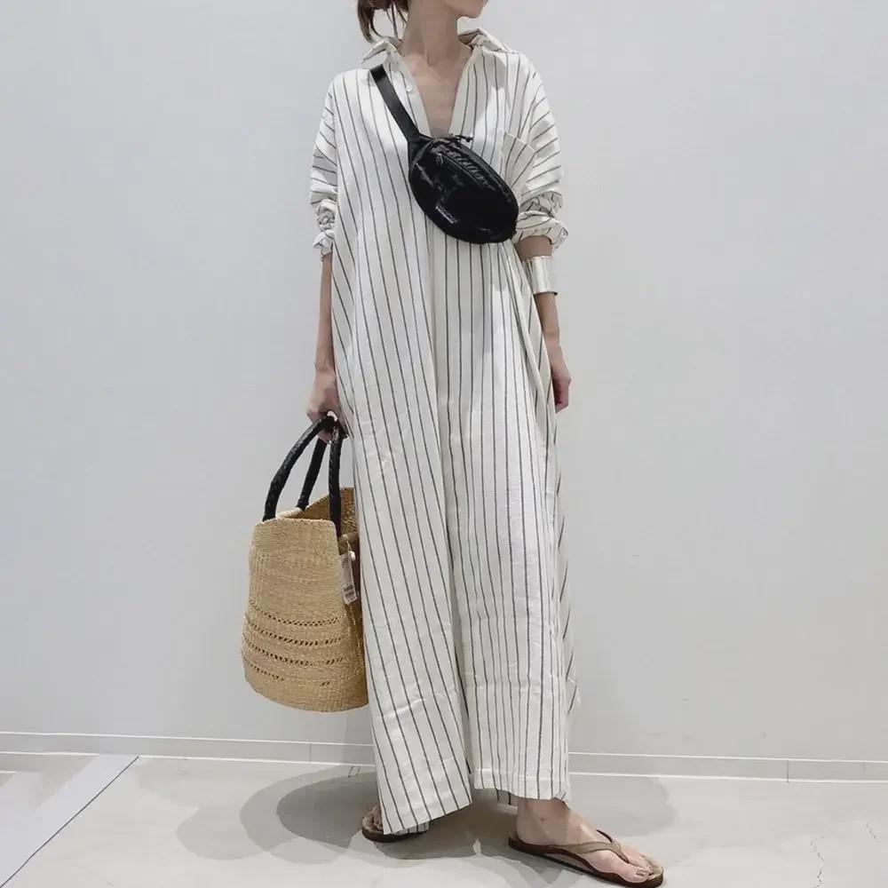 2024 New Cotton-Linen Striped Loose Fit Dress - Large Size, Elegant Design