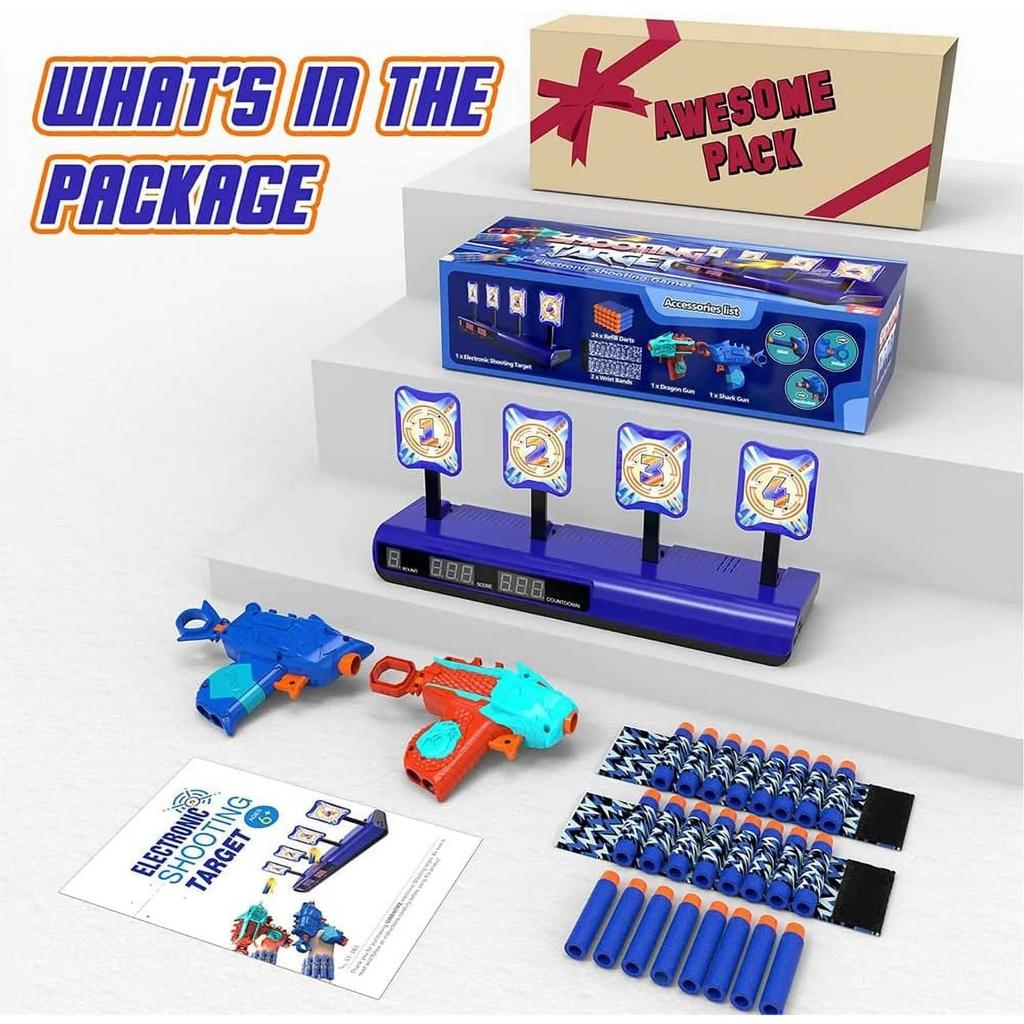 Электронная мишень для стрельбы с 2 игрушечными бластерами с пенопластовыми пулями, подарок на открытом воздухе для детей мальчиков девочек 6-12 лет