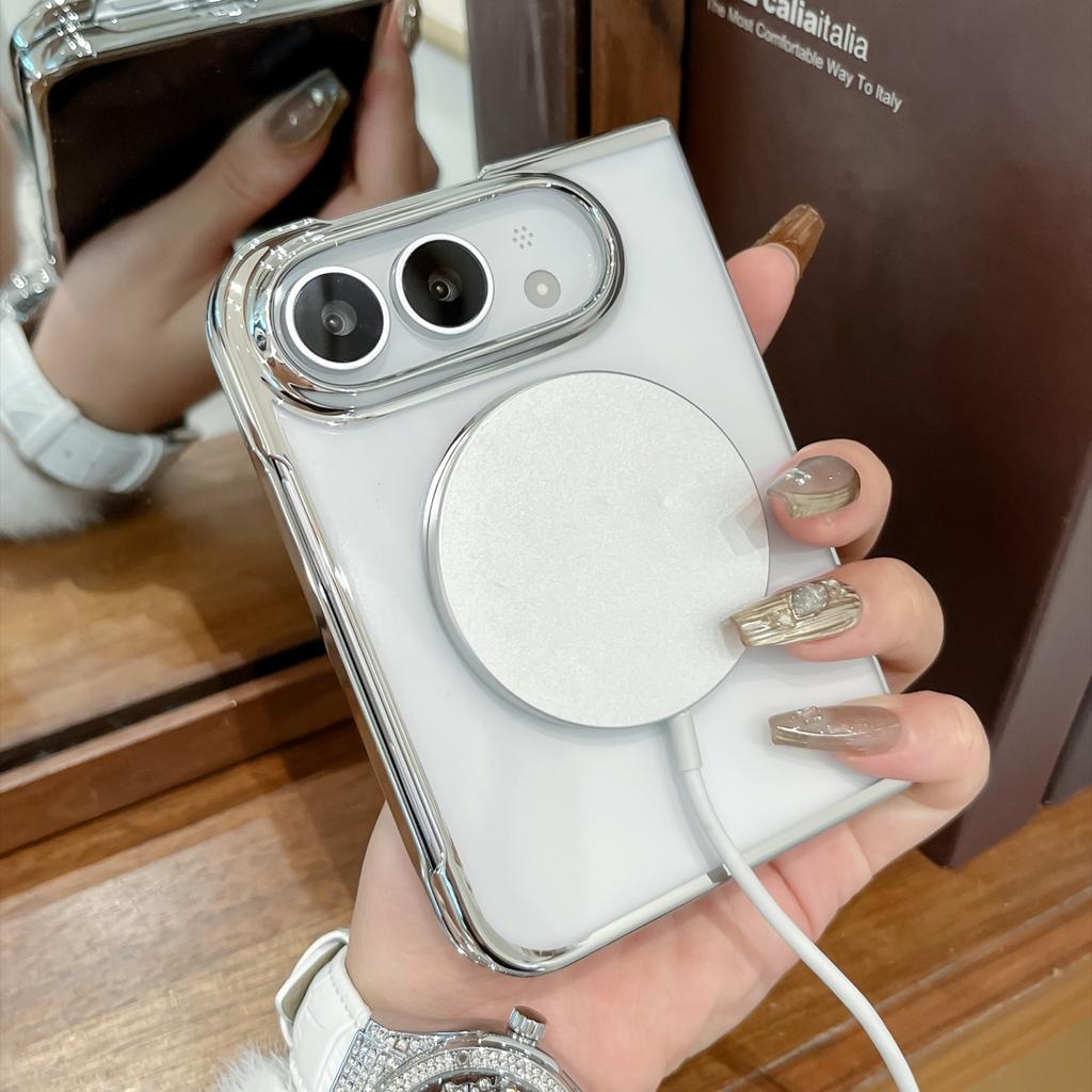 Luxury Transparent Electroplated Magnetic Phone Case for IPhone Ultra 18 Fold Shockproof for Magsafe Hinge Protective Slim Cover