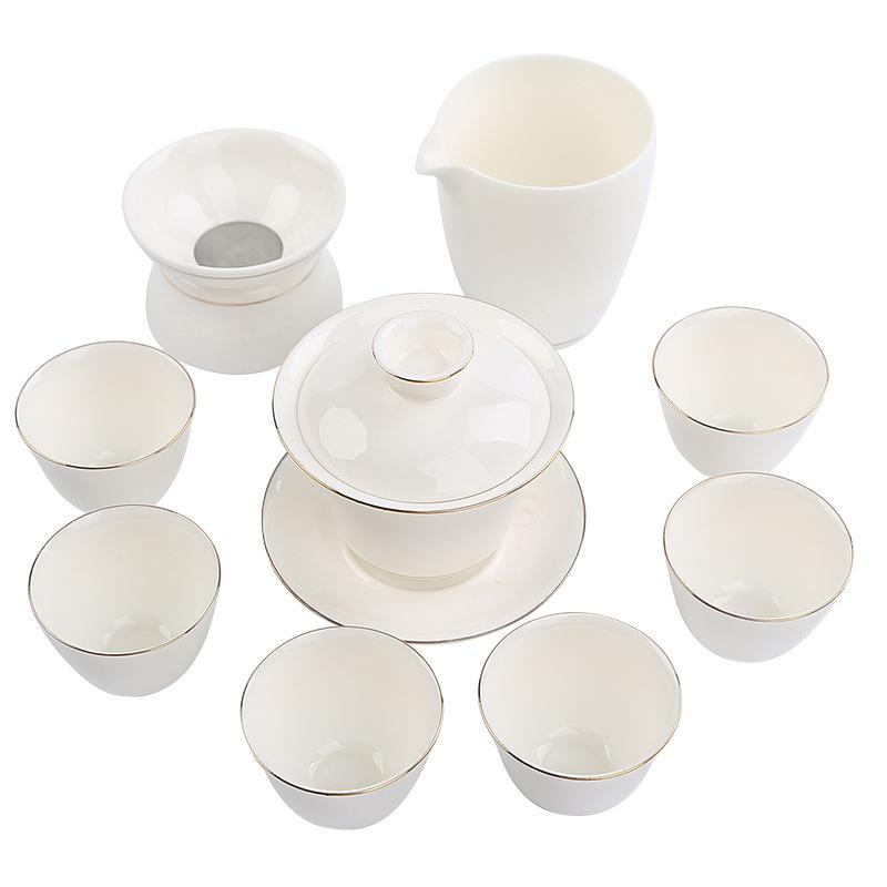 Suet jade kung fu tea set ceramic cover bowl teacup white porcelain brewing teapot tea set annual meeting gift set printing