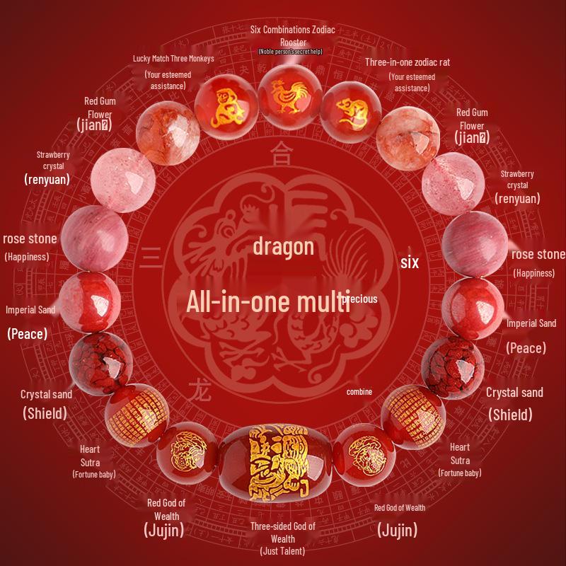 2025 Year of the Snake Crystal Cinnabar Bracelet - Tai Sui, Wealth God & Heart Sutra Charm for Men and Women