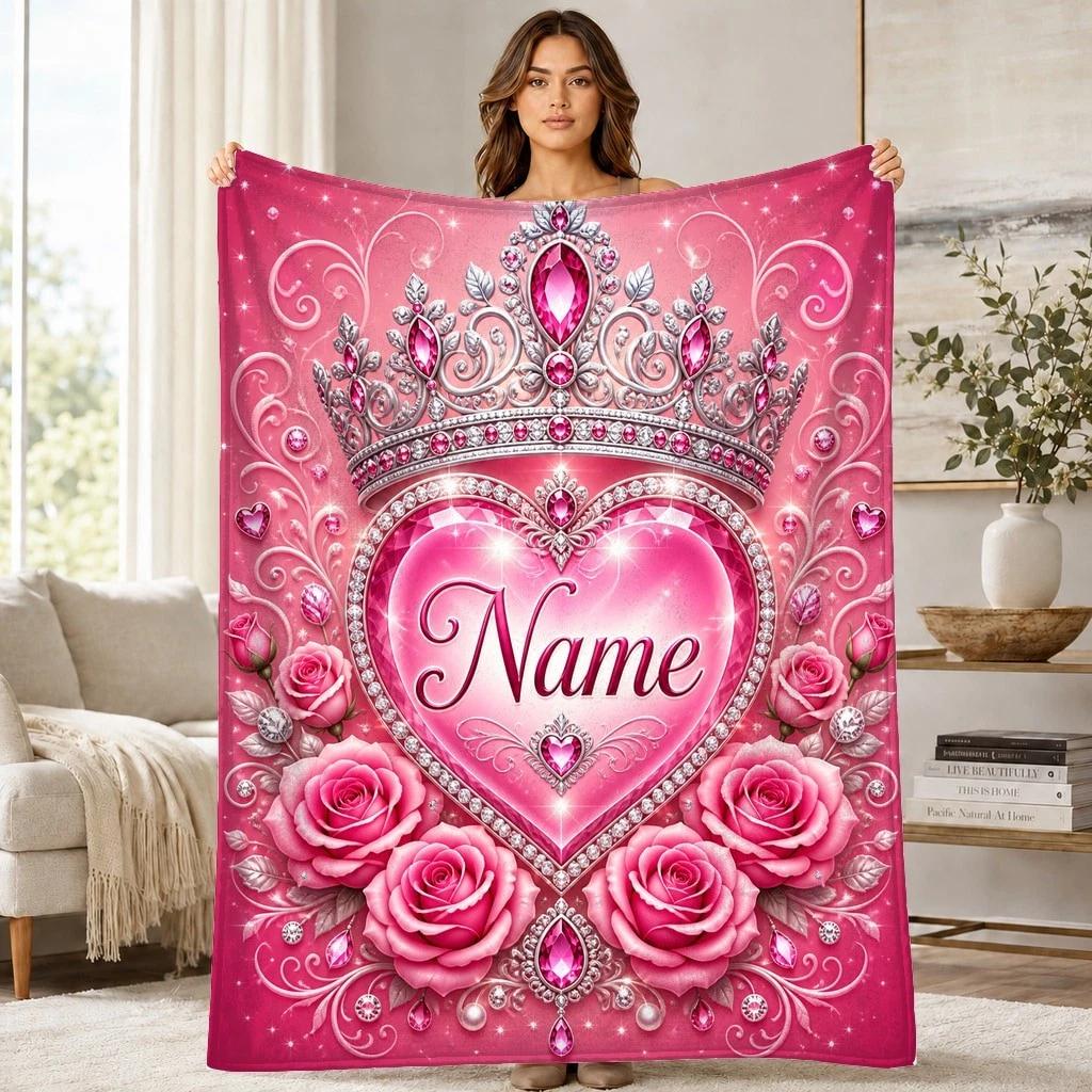 Crowned Heart Roses Coral Fleece Blanket Romantic Floral Decor