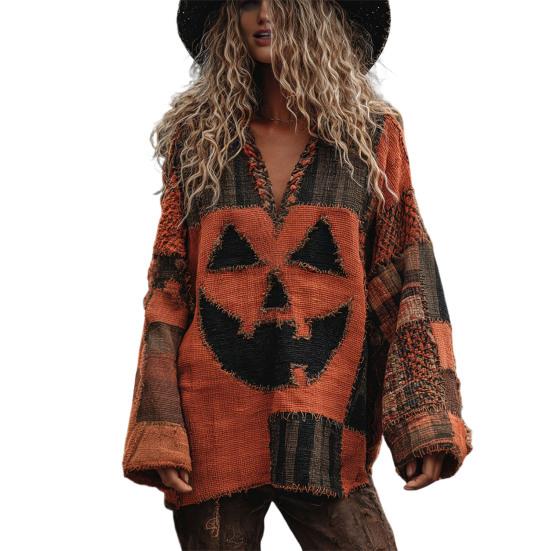 Женский пуловер с V-образным вырезом и графическим принтом, с длинным рукавом, повседневный вязаный свитшот оверсайз, рваный винтажный осенний топ