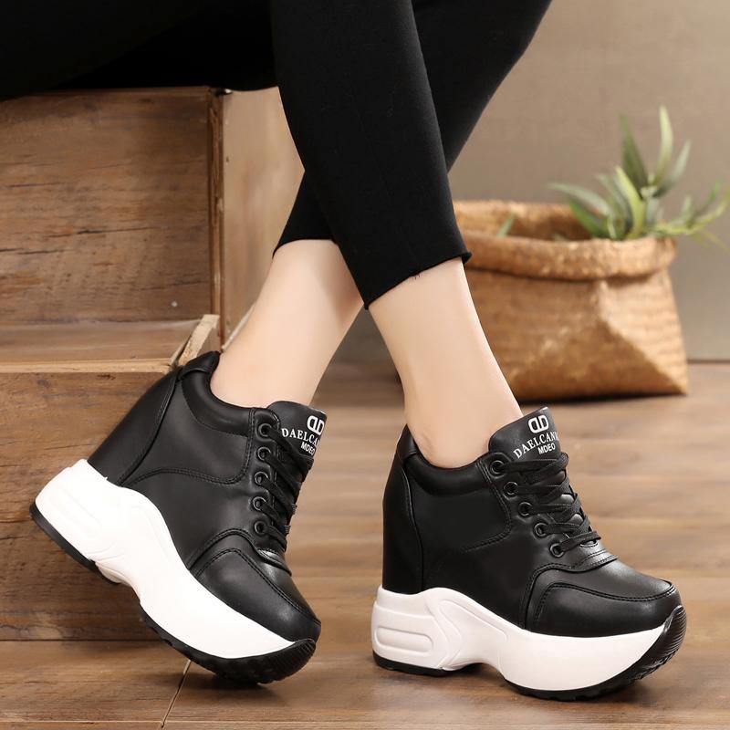 Women's Ankle Boots 2025 Autumn PU Leather Shoes Woman Platform Height Increased Sneakers 11 CM Thick Sole Wedges White Boots