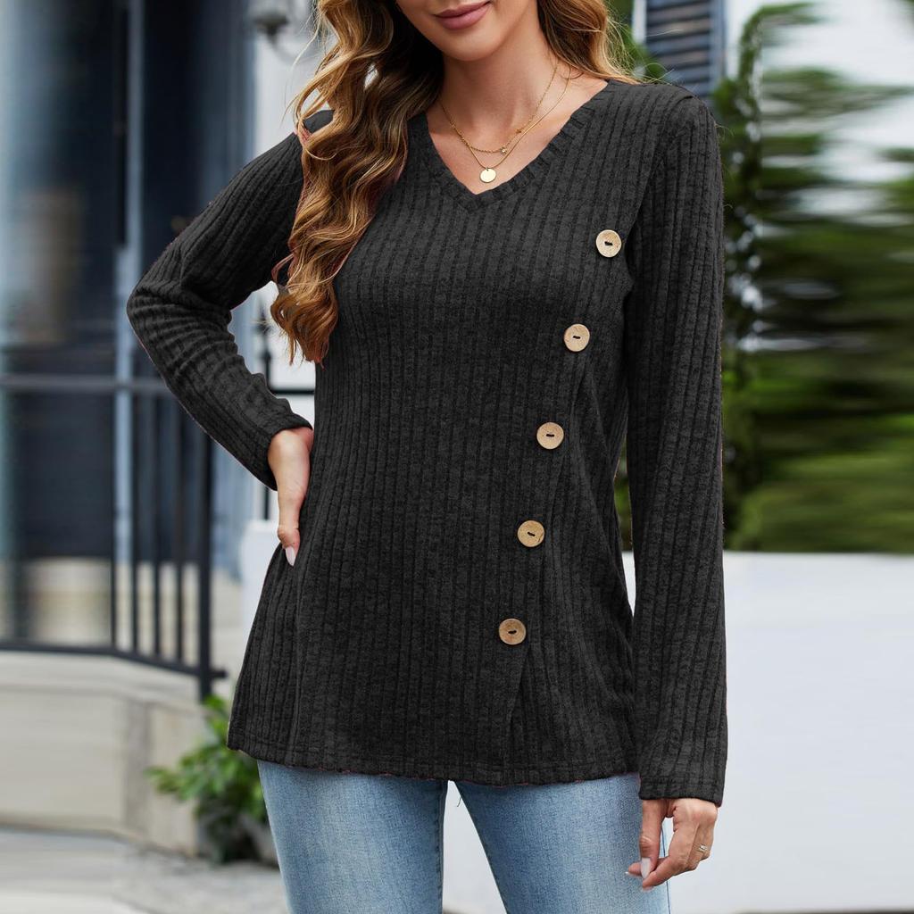 Women's Solid Color Fashion Long Sleeve Strip False Button Loose Top