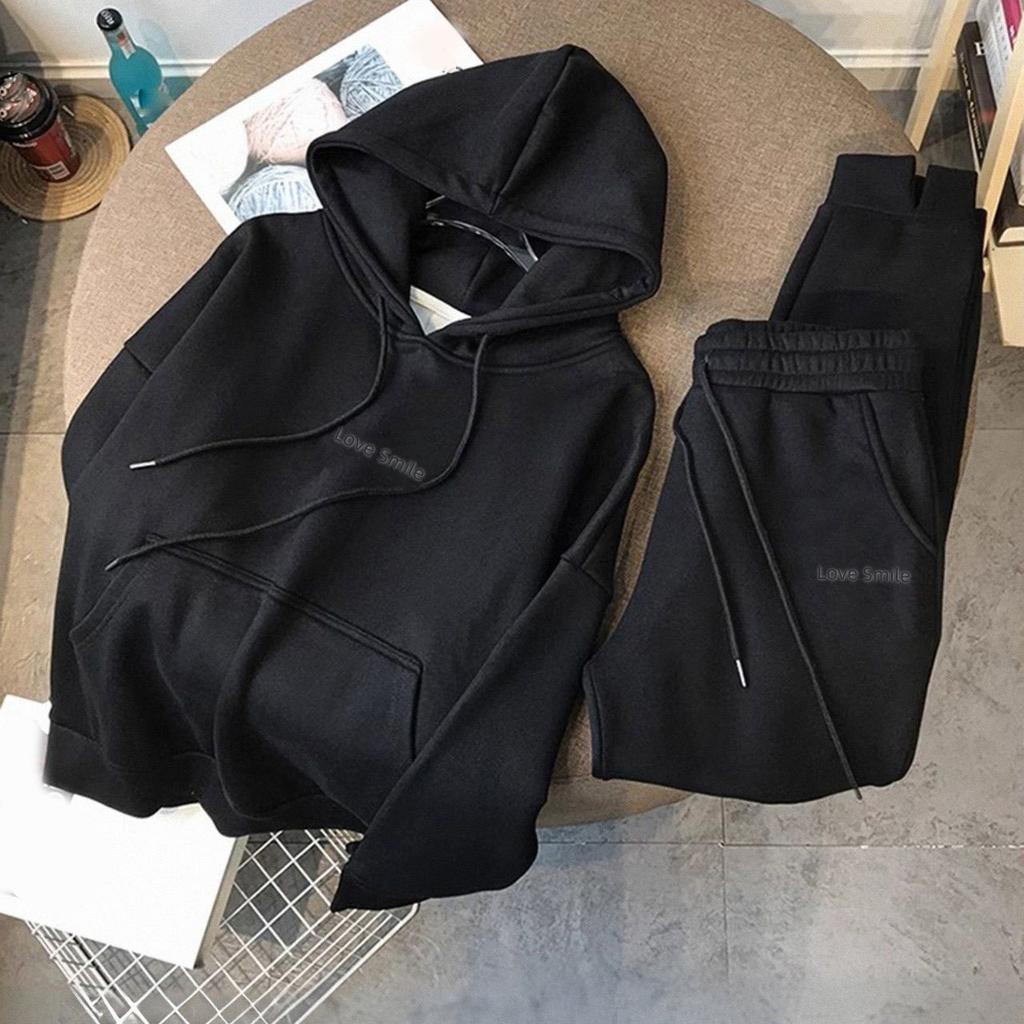 Autumn Winter Thick Jogger Two-piece Set Warm Hooded Sweatshirt Tracksuit High Waist Harem Pants Suits Thick  Ankle Pants Set